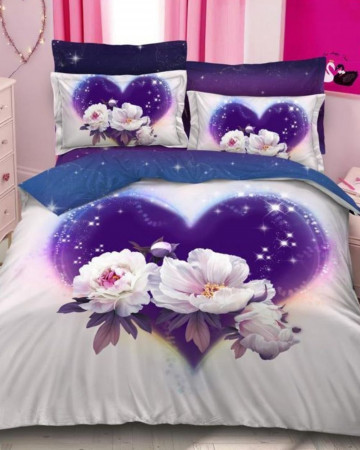 Lenjerie de pat cu 2 fete, imprimeu 3D, tesatura tip finet, pat 2 persoane, alb / violet, 6 piese, A2-29