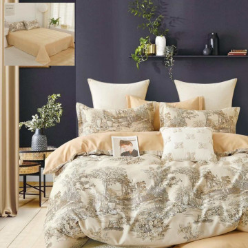 Lenjerie de pat cu 2 fete, tesatura tip finet, pat 2 persoane, 6 piese, bej, R60-530