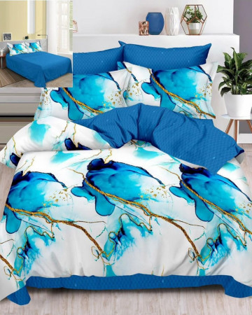 Lenjerie de pat cu 2 fete, tesatura tip finet, pat 2 persoane, alb / albastru, 6 piese, FN-538