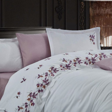 Lenjerie de pat cu broderie, bumbac 100%, pat 2 persoane, 6 piese, alb / mov, Sonbahar