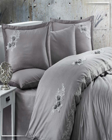 Lenjerie de pat cu broderie, bumbac 100%, pat 2 persoane, 6 piese, gri inchis, Safir, LDV-70