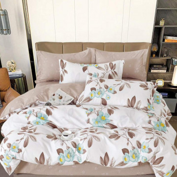 Lenjerie de pat cu elastic, tesatura tip finet, pat 2 persoane, alb / bej, 6 piese, FNE-202