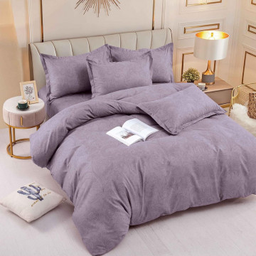 Lenjerie de pat cu elastic, tesatura tip finet, pat 2 persoane, mov inchis, 6 piese, FNJE-113