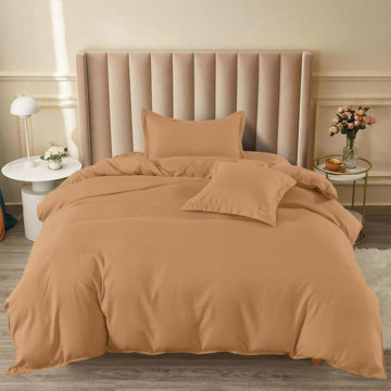 Lenjerie de pat cu elastic, tesatura tip finet, uni, pat 1 persoana, 4 piese, maro deschis, FJ1E-54