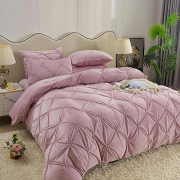 Lenjerie de pat din catifea, cu pliuri, 4 piese, pat 2 persoane, roz, LCPJ-03 - Img 3