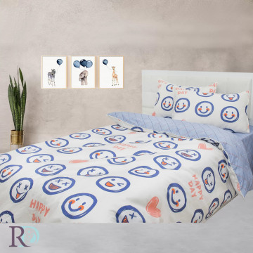 Lenjerie de pat pentru copii, 100% bumbac, tesatura satin, alb / albastru, Roxyma Dream Smiley - Img 1