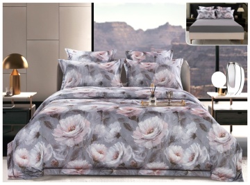 Lenjerie pat satin digital flori | Gri cu roz pudrat | 6 piese | 2 persoane | Cu elastic