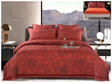 Lenjerie pat satin digital flori | Roșu cărămiziu | 6 piese | 2 persoane | Cu elastic