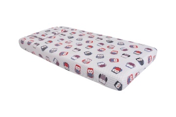 Lenjerie patut bebe, SomnART, cearceaf pat 60x120x10 cu elastic, cearceaf pilota 80x110, perna joasa 20x35, Bufnite Mici - Img 5