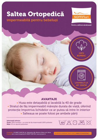Saltea cu spumă poliuretanică Somnart Ortopedică 60x120, înălțime 10 cm, pentru bebeluși și copii, husă impermeabilă, fermitate medie, model fluturi - Img 5