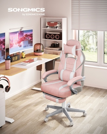 Scaun ergonomic cu recliner, Ø 70 cm, metal / piele ecologica, roz / alb, Songmics - Img 2