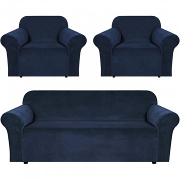 Set huse elastice din catifea pentru canapea 3 locuri + 2 fotolii, cu brate, bleumarin, HCCJS-04 - Img 1