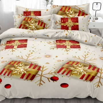 Set lenjerie de pat Mos Craciun, tesatura tip finet, pat 2 persoane, rosu / crem, 6 piese, FNQ-41