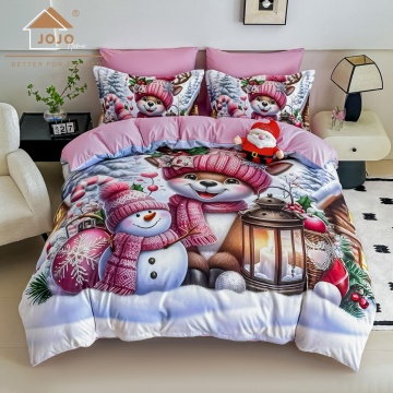 🎄 Lenjerie de Pat 6 Piese Crăciun Roz | Cățeluș cu Om de Zăpadă | Imprimeu Digital 5D | Finet | Jojo Home