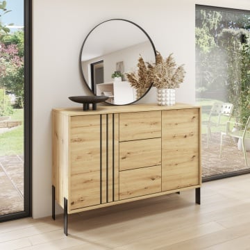 Comodă Nexo ADRK stejar artisan amplasată în living modern cu oglindă rotundă și decoruri elegante