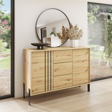 Comodă Nexo ADRK stejar artisan amplasată în living modern cu oglindă rotundă și decoruri elegante