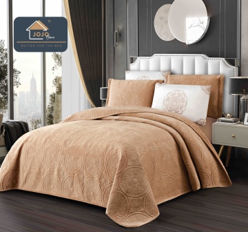 Cuvertură Catifea Matlasată 5 Piese Bej | Model Mandala Embossed | 220×240 cm | Jojo Home