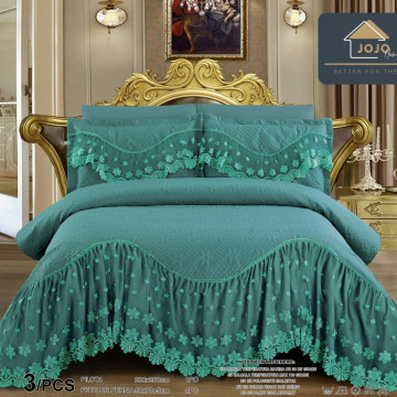 Cuvertura de pat cu volane, tesatura tip finet, pat 2 persoane, 3 piese, verde, CVJ-31