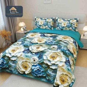 Cuvertură matlasată 5D turcoaz cu flori mari JOJO HOME – 3 piese