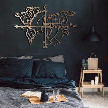 Decoratiune de perete, World Map Compass Gold, Metal, Dimensiune: 65 x 95 cm, Auriu - Img 5