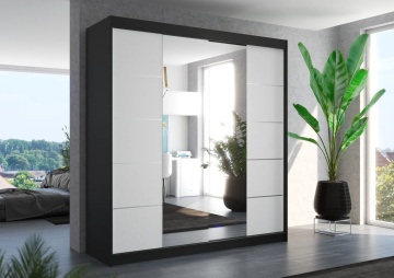 Dulap Dalmatia 200 cm negru și alb cu oglindă centrală, prezentat într-un dormitor modern cu decor contemporan