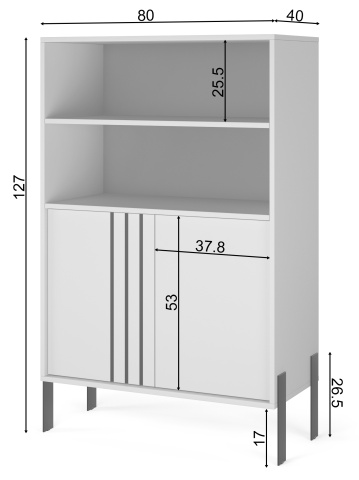 Comodă înaltă Nexo ADRK stejar artisan schiță tehnică cu dimensiuni 80x40x127 cm și compartimentare interioară