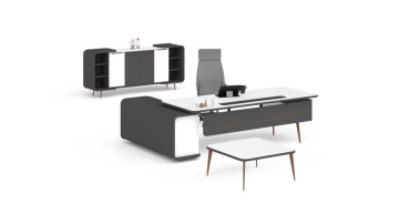 Mobilier executiv RITIM alb cald cu gri fumuriu, compus din birou managerial, dulap și masă cafea