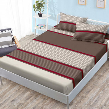 Husa de pat cu elastic si 2 fete de perna, tesatura tip finet, pat 2 persoane, bej / maro, HBFJ-179