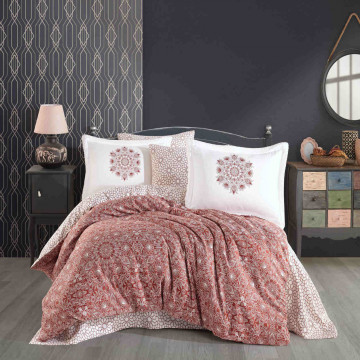 Lenjerie de pat, 100% bumbac, tesatura satin, pat 2 persoane, alb / rosu, Marcella