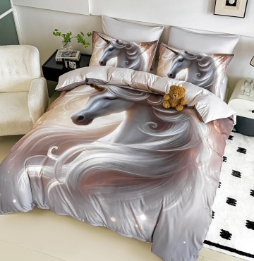 Lenjerie de Pat 5D Finet Gri Deschis „Cal Alb cu Coamă Argintie” | 4 Piese | Imprimeu Digital | Pat 1 Persoană | JOJO HOME