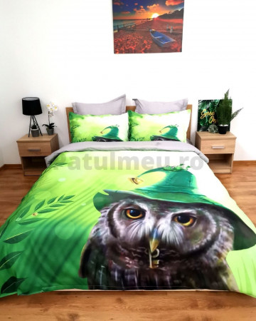 Lenjerie de pat cu 2 fete, imprimeu 3D, tesatura tip finet, pat 2 persoane, verde, 6 piese, A2-14 - Img 7