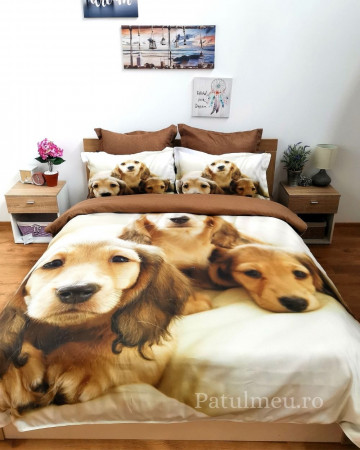 Lenjerie de pat cu 2 fete, imprimeu 3D, tesatura tip finet, pat 2 persoane, maro, 6 piese, A2-07 - Img 6