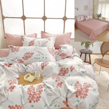 Lenjerie de pat cu 2 fete, tesatura tip finet, pat 2 persoane, 6 piese, alb / rosu deschis, R60-515