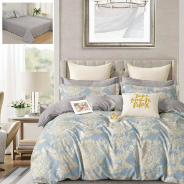 Lenjerie de pat cu 2 fete, tesatura tip finet, pat 2 persoane, 6 piese, gri / albastru, R60-545