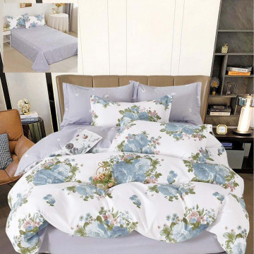 Lenjerie de pat cu 2 fete, tesatura tip finet, pat 2 persoane, 6 piese, alb / bleu, R60-532