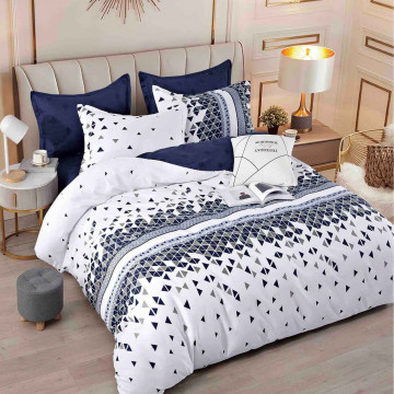 Lenjerie de pat cu 2 fete, tesatura tip finet, pat 2 persoane, 6 piese, alb / bleumarin, FNJ-405