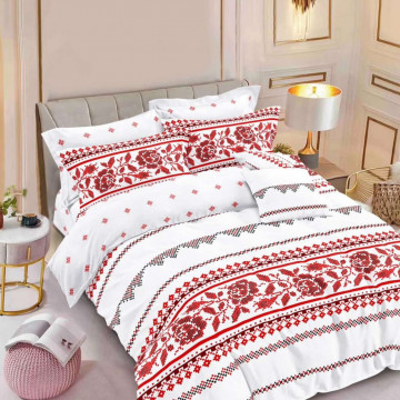 Lenjerie de pat cu 2 fete, tesatura tip finet, pat 2 persoane, alb / rosu, 6 piese, R60-474