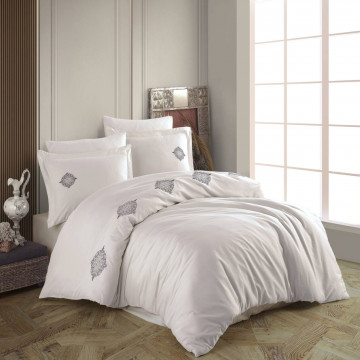 Lenjerie de pat cu broderie, 100% bumbac, tesatura poplin, pat 2 persoane, 4 piese, alb, Azra