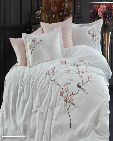 Lenjerie de pat cu broderie, bumbac 100%, pat 2 persoane, 6 piese, alb / roz pudra, Huma, LDV-66
