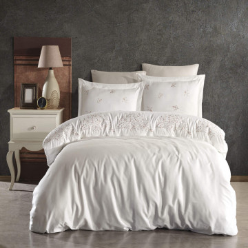 Lenjerie de pat cu broderie, bumbac 100%, pat 2 persoane, 6 piese, alb, Asrin