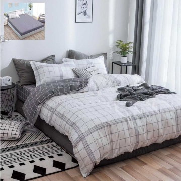 Lenjerie de pat cu elastic, policoton, pat 2 persoane, 4 piese, alb / gri, E-105