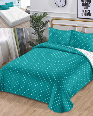 Lenjerie de pat cu elastic, policoton, pat 2 persoane, 4 piese, turquoise / alb, R4E-06 - Img 2