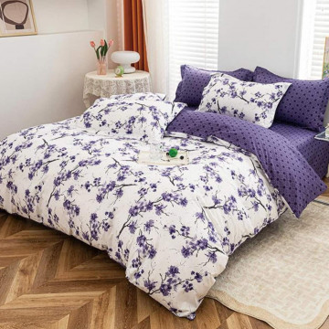Lenjerie de pat cu elastic, policoton, pat 2 persoane, alb / violet, 4 piese, E-57 - Img 1