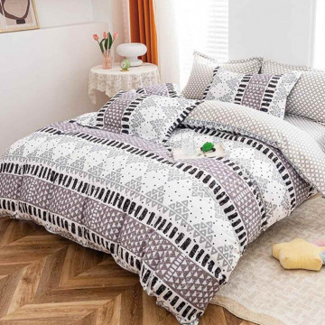 Lenjerie de pat cu elastic, policoton, pat 2 persoane, gri / alb, 4 piese, E-80 - Img 1