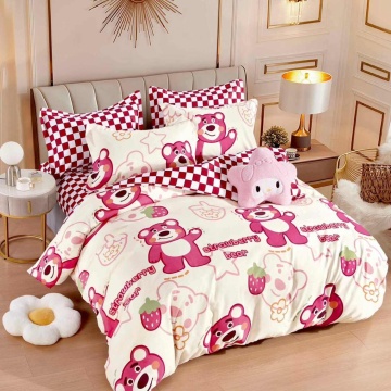 Lenjerie de pat cu elastic, tesatura tip finet, pat 2 persoane, 6 piese, crem / roz, FNJE-156