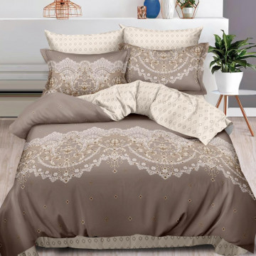 Lenjerie de pat cu elastic, tesatura tip finet, pat 2 persoane, bej inchis, 6 piese, FNE-179