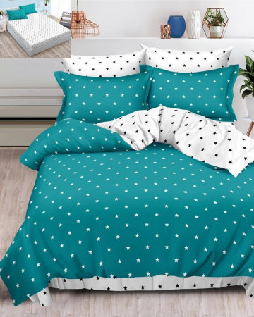 Lenjerie de pat cu elastic, tesatura tip finet, pat 2 persoane, turquoise / alb, 6 piese, FNE-79