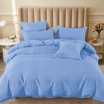 Lenjerie de pat cu elastic, tesatura tip finet, uni, pat 2 persoane, albastru deschis, 6 piese, FNE-185 - Img 1