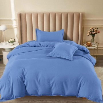 Lenjerie de pat cu elastic, uni, tesatura tip finet, pat 1 persoana, albastru inchis, 4 piese, FJ1-79 - Img 1