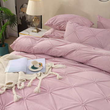 Lenjerie de pat din catifea, cu pliuri, 4 piese, pat 2 persoane, roz, LCPJ-03 - Img 4